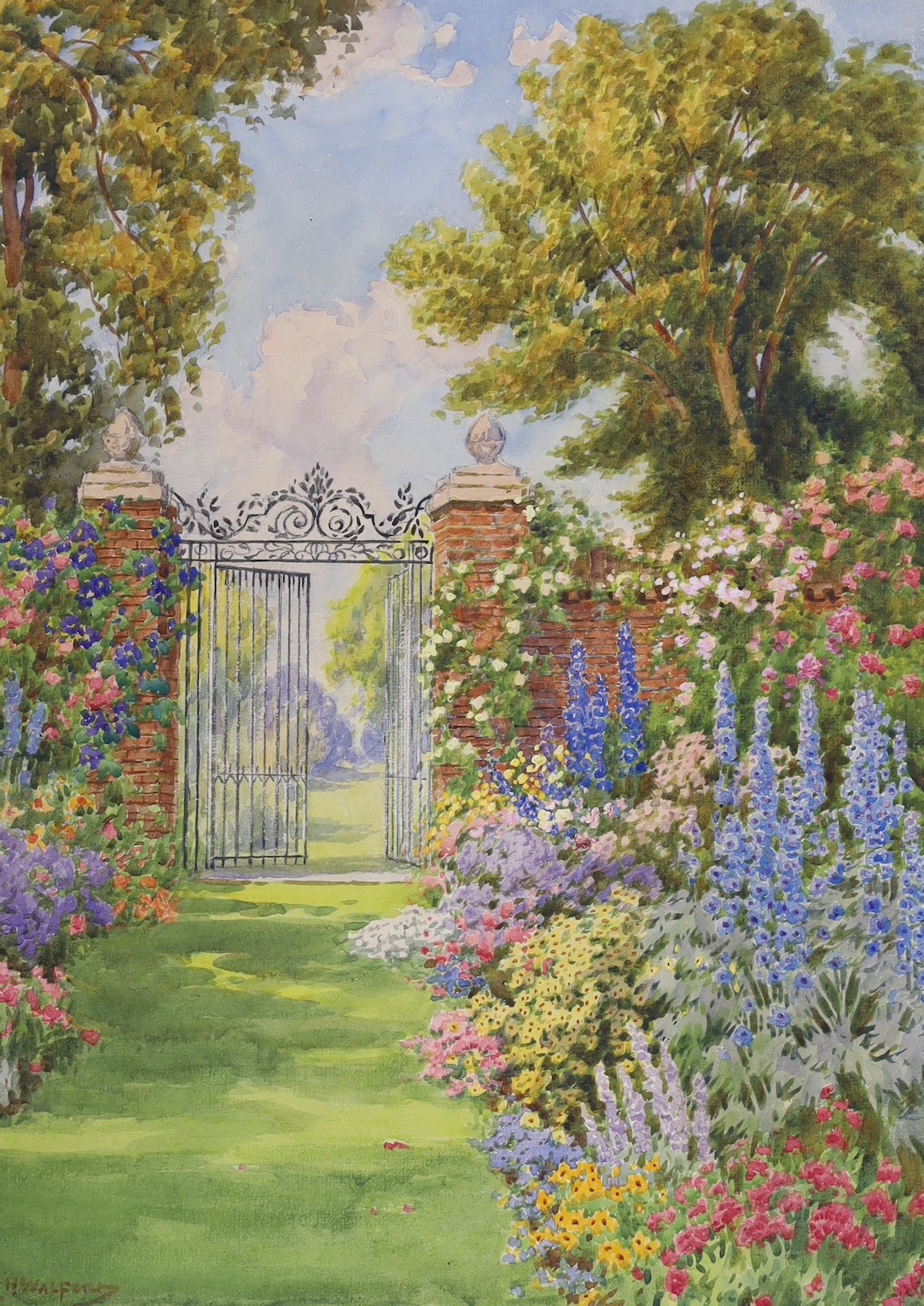 Howard Walford (1864–1950), two watercolours, summer gardens, one signed, unframed, largest 27 x 39cm